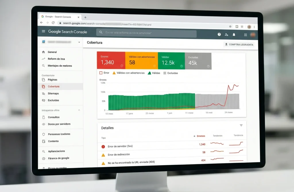 Panel de Google Search Console mostrando errores de indexación